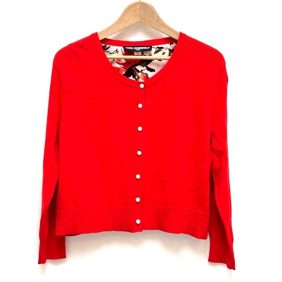 Karl Lagerfeld Pearl Button Knit Cardigan Sweater Floral Lined Red Size XL New - Picture 3 of 11